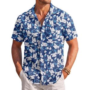COOFANDY Men’s Casual Textured Short Sleeve Button Down Summer Beach Shirt(Navy Blue Floral)
