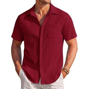 COOFANDY Men’s Casual Textured Short Sleeve Button Down Summer Beach Shirt(Wine Red)