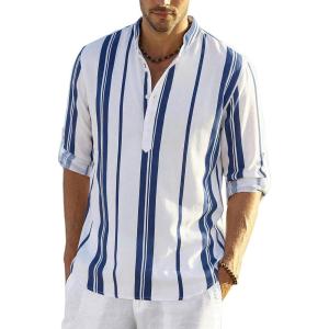 COOFANDY Men’s Cotton Linen Henley T-Shirt Long Sleeve Hippie Casual Beach T-Shirts(Dark Blue Stripes)