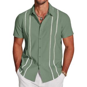 COOFANDY Men’s Cuban Guayabera Shirt Short Sleeve Button Down Shirts Casual Summer Beach Linen Shirts(Army Green-white Webbing)