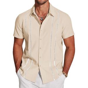 COOFANDY Men’s Cuban Guayabera Shirt Short Sleeve Button Down Shirts Casual Summer Beach Linen Shirts(Beige-white Webbing)