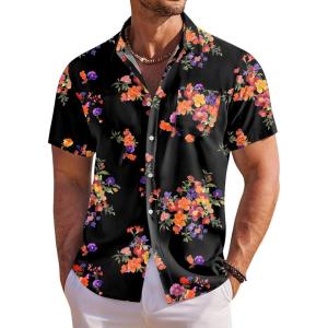 COOFANDY Men’s Hawaiian Shirt Short Sleeve Floral Button Down Shirts Tropical Holiday Beach Shirts(Black – Red+purple Flower)