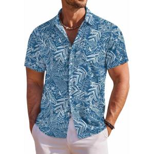 COOFANDY Men’s Hawaiian Shirt Short Sleeve Floral Button Down Shirts Tropical Holiday Beach Shirts(Blue White Leaves)