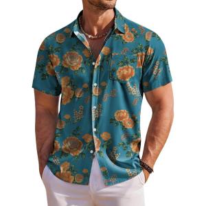 COOFANDY Men’s Hawaiian Shirt Short Sleeve Floral Button Down Shirts Tropical Holiday Beach Shirts(Gray Blue – Flower)