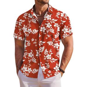 COOFANDY Men’s Hawaiian Shirt Short Sleeve Floral Button Down Shirts Tropical Holiday Beach Shirts(Red – Flower)