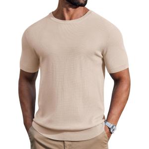 COOFANDY Mens Knit T-Shirts Casual Short Sleeve Crewneck Shirt Textured Pullover Tees(Apricot)