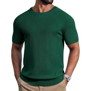 COOFANDY Mens Knit T-Shirts Casual Short Sleeve Crewneck Shirt Textured Pullover Tees(Green)