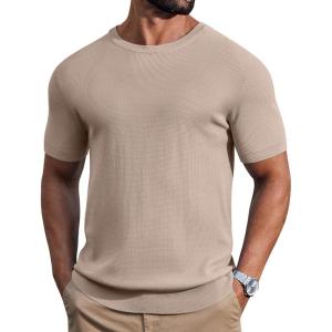 COOFANDY Mens Knit T-Shirts Casual Short Sleeve Crewneck Shirt Textured Pullover Tees(Khaki)