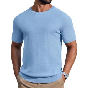 COOFANDY Mens Knit T-Shirts Casual Short Sleeve Crewneck Shirt Textured Pullover Tees(Light Blue)