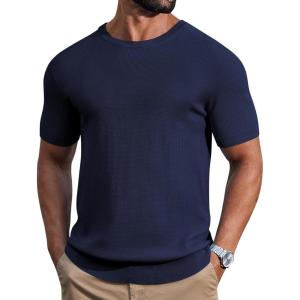COOFANDY Mens Knit T-Shirts Casual Short Sleeve Crewneck Shirt Textured Pullover Tees(Navy Blue)