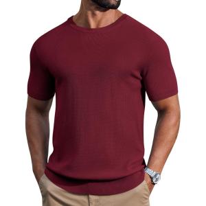 COOFANDY Mens Knit T-Shirts Casual Short Sleeve Crewneck Shirt Textured Pullover Tees(Wine Red)