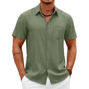 COOFANDY Mens Short Sleeve Button Down Shirts Casual Summer Shirts Linen Beach Shirt with Pocket(Army Green)