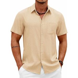 COOFANDY Mens Short Sleeve Button Down Shirts Casual Summer Shirts Linen Beach Shirt with Pocket(Beige)