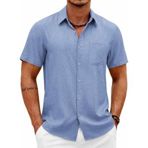 COOFANDY Mens Short Sleeve Button Down Shirts Casual Summer Shirts Linen Beach Shirt with Pocket(Blue)