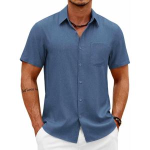 COOFANDY Mens Short Sleeve Button Down Shirts Casual Summer Shirts Linen Beach Shirt with Pocket(Dark Blue)