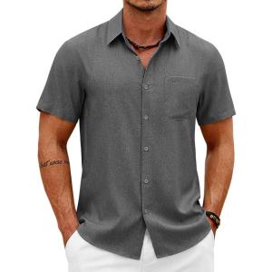 COOFANDY Mens Short Sleeve Button Down Shirts Casual Summer Shirts Linen Beach Shirt with Pocket(Dark Grey)