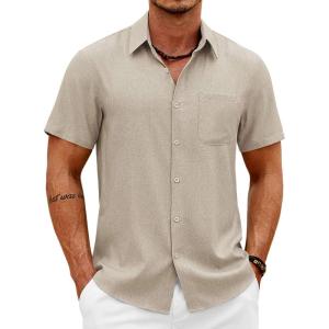 COOFANDY Mens Short Sleeve Button Down Shirts Casual Summer Shirts Linen Beach Shirt with Pocket(Khaki)