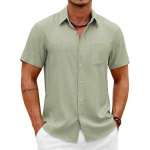 COOFANDY Mens Short Sleeve Button Down Shirts Casual Summer Shirts Linen Beach Shirt with Pocket(Light Green)
