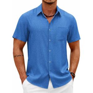 COOFANDY Mens Short Sleeve Button Down Shirts Casual Summer Shirts Linen Beach Shirt with Pocket(Royal Blue)
