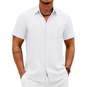 COOFANDY Mens Short Sleeve Button Down Shirts Casual Summer Shirts Linen Beach Shirt with Pocket(White)
