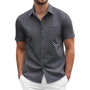 COOFANDY Men’s Short Sleeve Casual Button Down Shirt Business Untucked Dress Shirts with Pocket(Black Grey-square)