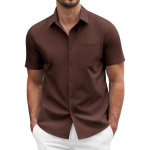 COOFANDY Men’s Short Sleeve Casual Button Down Shirt Business Untucked Dress Shirts with Pocket(Brown)