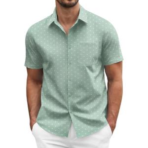 COOFANDY Men’s Short Sleeve Casual Button Down Shirt Business Untucked Dress Shirts with Pocket(Light Green-flower)