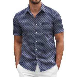 COOFANDY Men’s Short Sleeve Casual Button Down Shirt Business Untucked Dress Shirts with Pocket(Navy Blue-square)