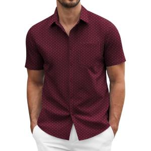 COOFANDY Men’s Short Sleeve Casual Button Down Shirt Business Untucked Dress Shirts with Pocket(Wine Red-polka Dots)