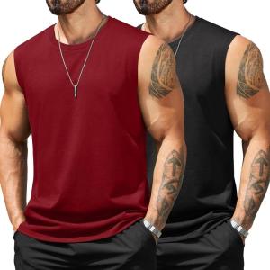 COOFANDY Men’s Tank Top Cotton Workout Sleeveless Muscle T Shirts Casual Summer Tank Shirts(Flag-black/Red(2 Pcs))