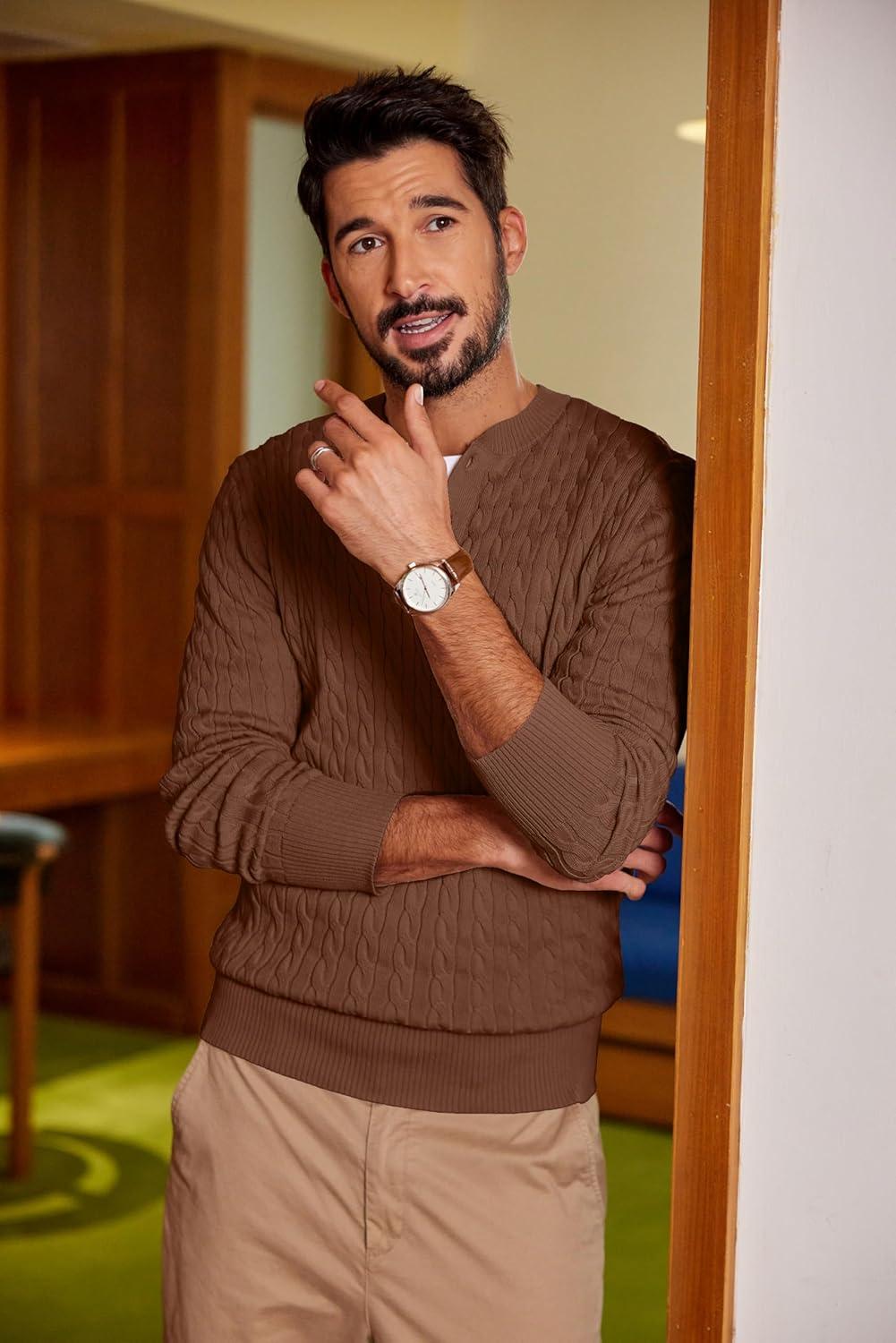 imageCOOFANDY Men Casual Knit Sweater Quarter Button Henley Long Sleeve Slim Fit Twisted Pullover SweaterBrown