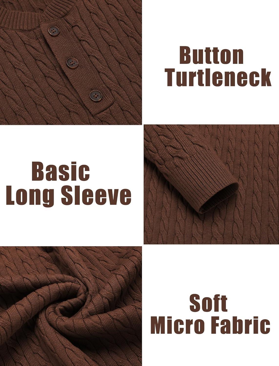 imageCOOFANDY Men Casual Knit Sweater Quarter Button Henley Long Sleeve Slim Fit Twisted Pullover SweaterBrown