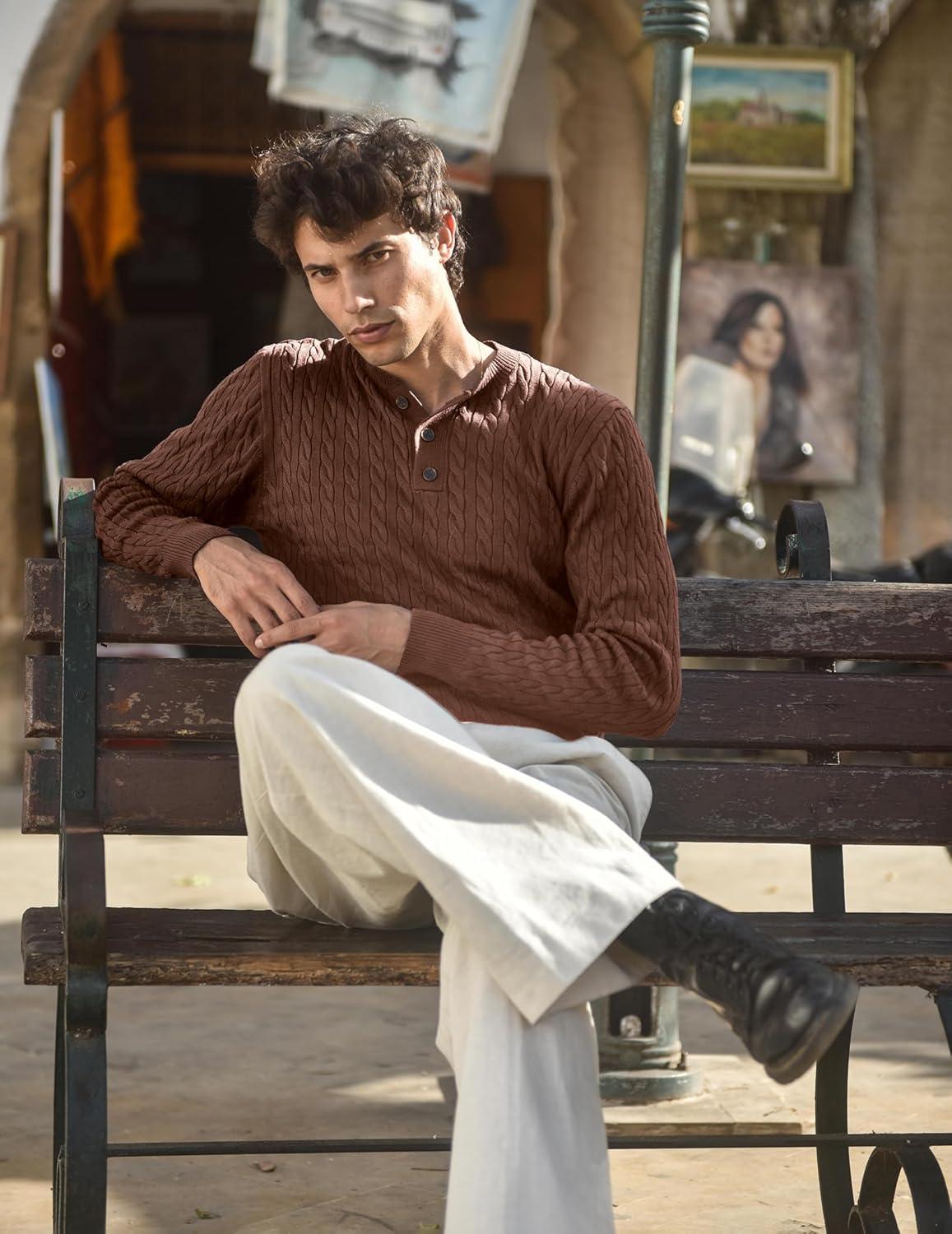 imageCOOFANDY Men Casual Knit Sweater Quarter Button Henley Long Sleeve Slim Fit Twisted Pullover SweaterBrown