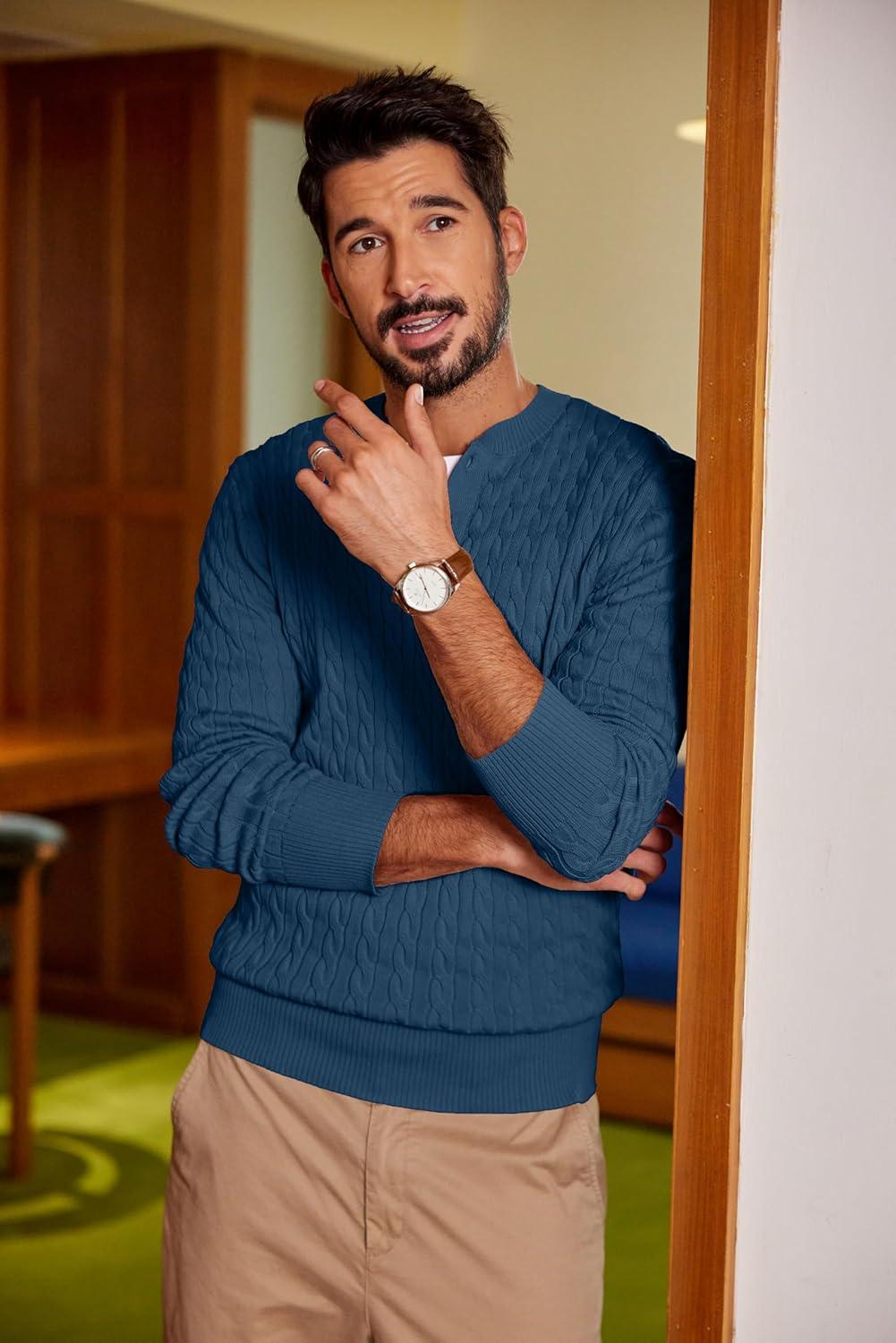 imageCOOFANDY Men Casual Knit Sweater Quarter Button Henley Long Sleeve Slim Fit Twisted Pullover SweaterDark Blue