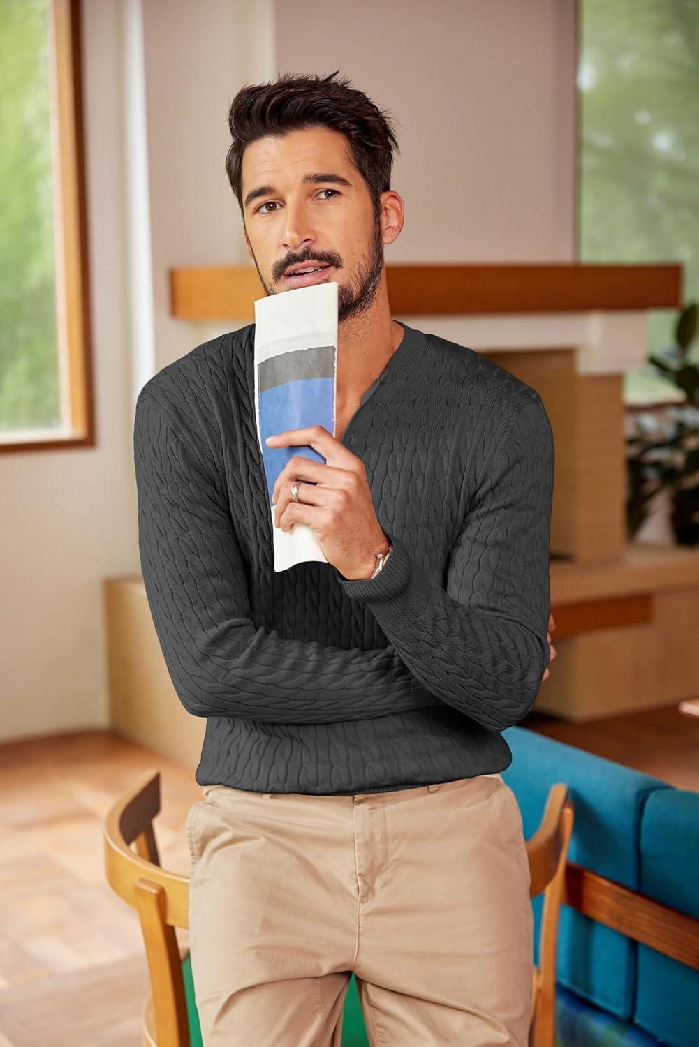 imageCOOFANDY Men Casual Knit Sweater Quarter Button Henley Long Sleeve Slim Fit Twisted Pullover SweaterDark Gray