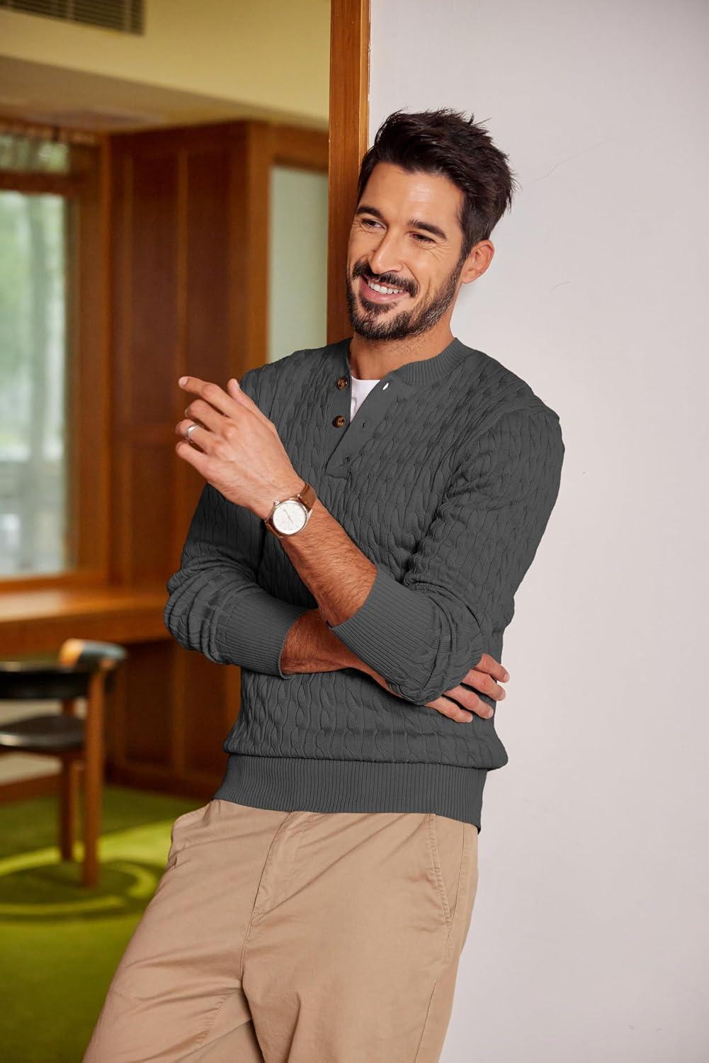 imageCOOFANDY Men Casual Knit Sweater Quarter Button Henley Long Sleeve Slim Fit Twisted Pullover SweaterDark Gray
