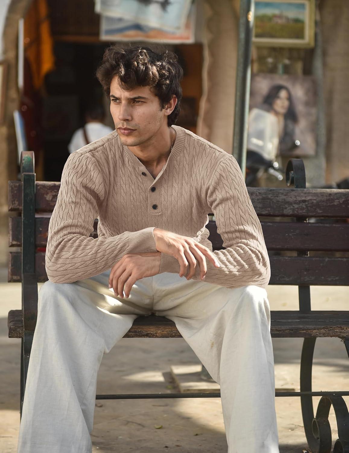 imageCOOFANDY Men Casual Knit Sweater Quarter Button Henley Long Sleeve Slim Fit Twisted Pullover SweaterLight Khaki