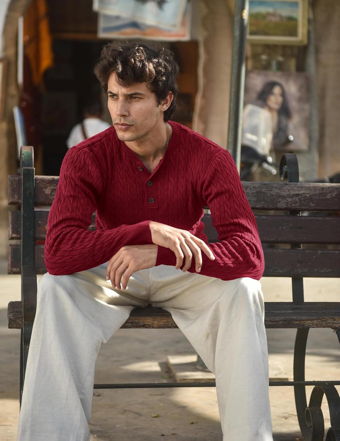 imageCOOFANDY Men Casual Knit Sweater Quarter Button Henley Long Sleeve Slim Fit Twisted Pullover SweaterWine Red