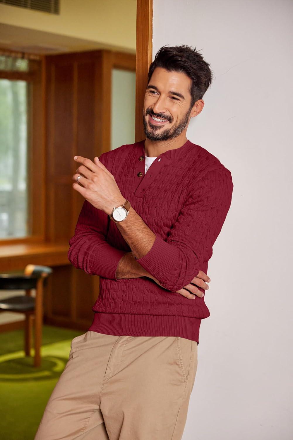 imageCOOFANDY Men Casual Knit Sweater Quarter Button Henley Long Sleeve Slim Fit Twisted Pullover SweaterWine Red