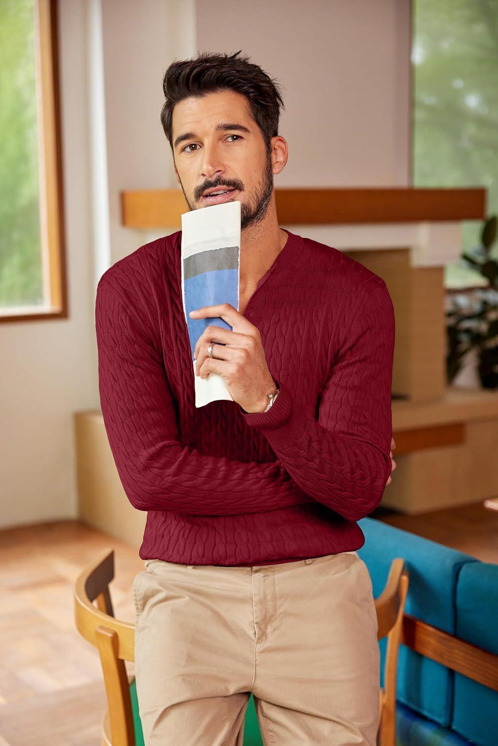 imageCOOFANDY Men Casual Knit Sweater Quarter Button Henley Long Sleeve Slim Fit Twisted Pullover SweaterWine Red