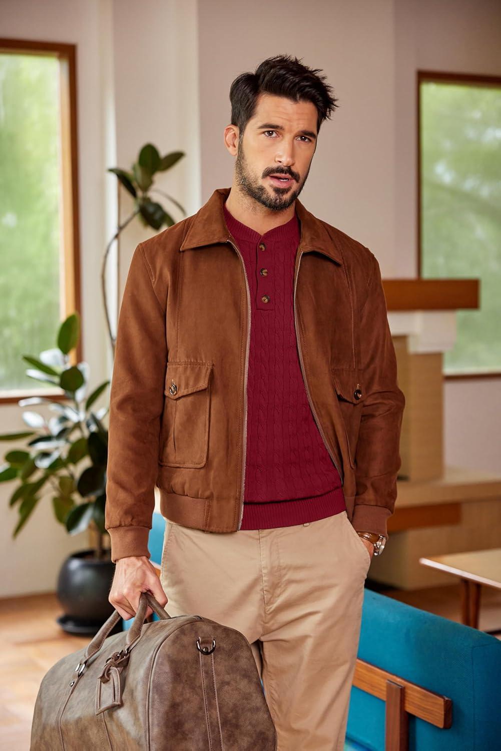 imageCOOFANDY Men Casual Knit Sweater Quarter Button Henley Long Sleeve Slim Fit Twisted Pullover SweaterWine Red