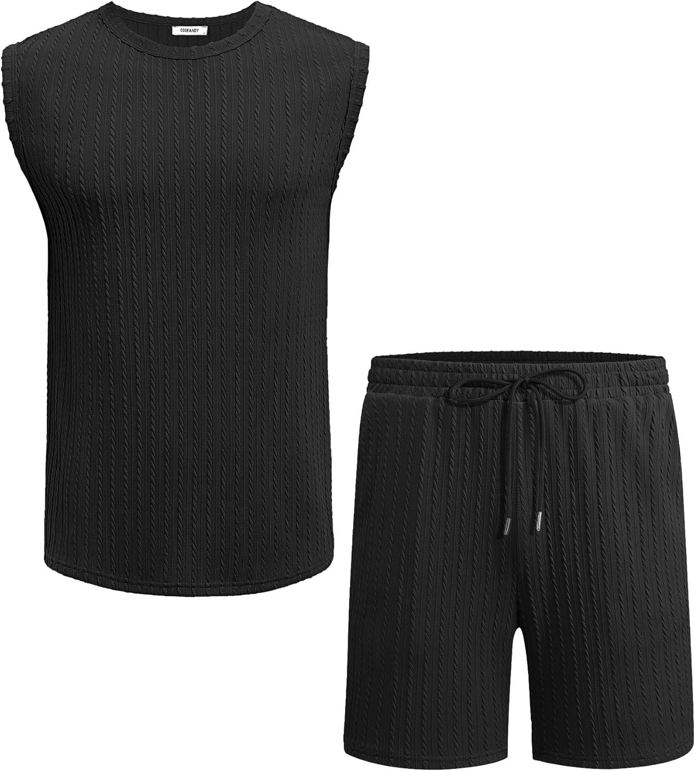 imageCOOFANDY Mens 2 Piece Outfits Beach Knit Jacquard Sleeveless Shirt and Shorts Sets Summer Athletic Vacation SetBlack