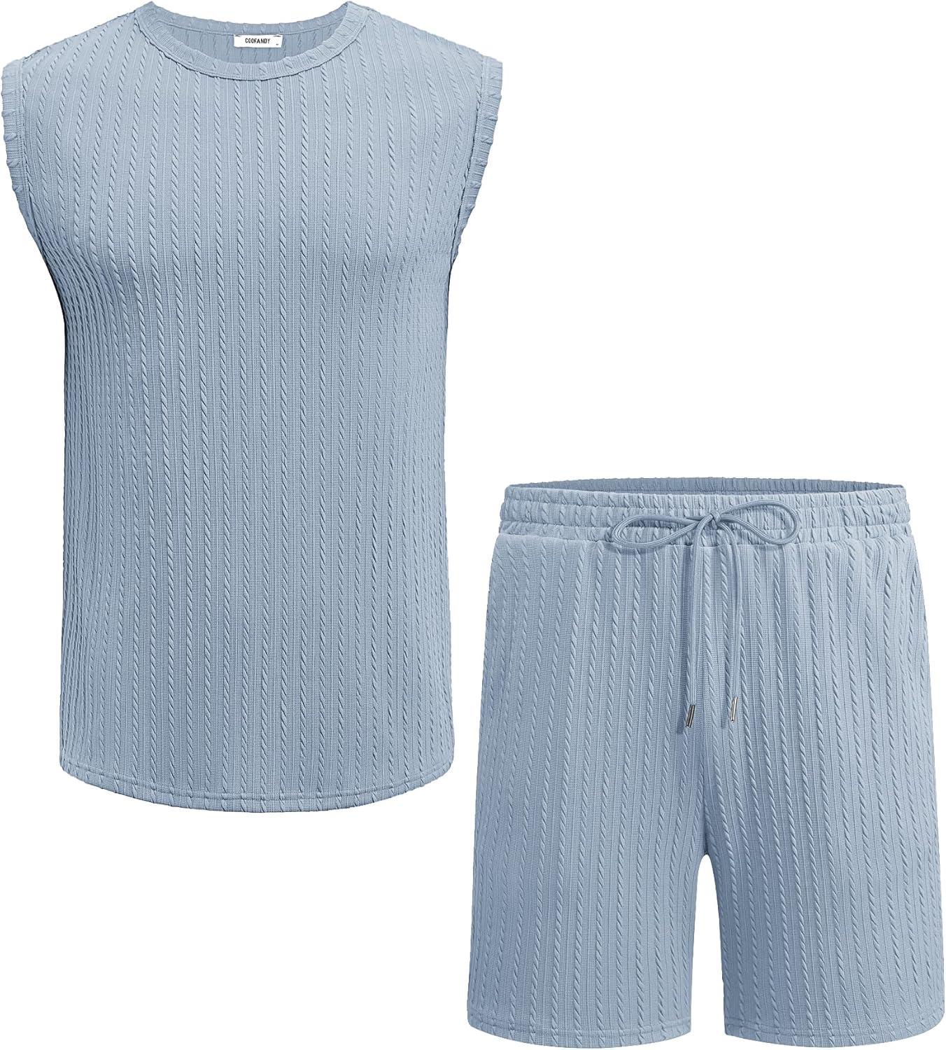 imageCOOFANDY Mens 2 Piece Outfits Beach Knit Jacquard Sleeveless Shirt and Shorts Sets Summer Athletic Vacation SetLight Blue