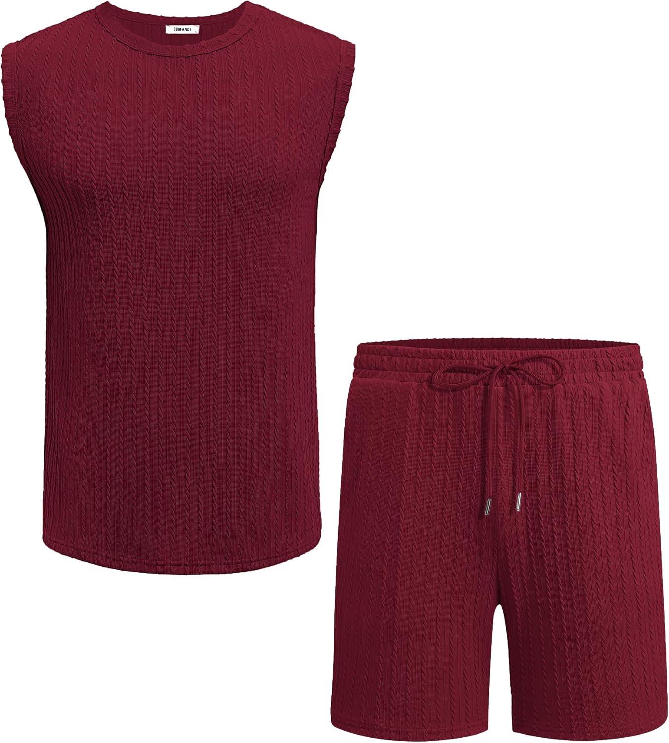 imageCOOFANDY Mens 2 Piece Outfits Beach Knit Jacquard Sleeveless Shirt and Shorts Sets Summer Athletic Vacation SetWine Red
