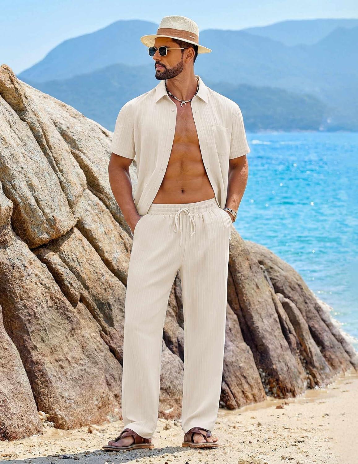 imageCOOFANDY Mens 2 Piece Sets Summer Outfits Short Sleeve Button Down Shirt Loose Pant Sets Beach Vacation OutfitsBeige