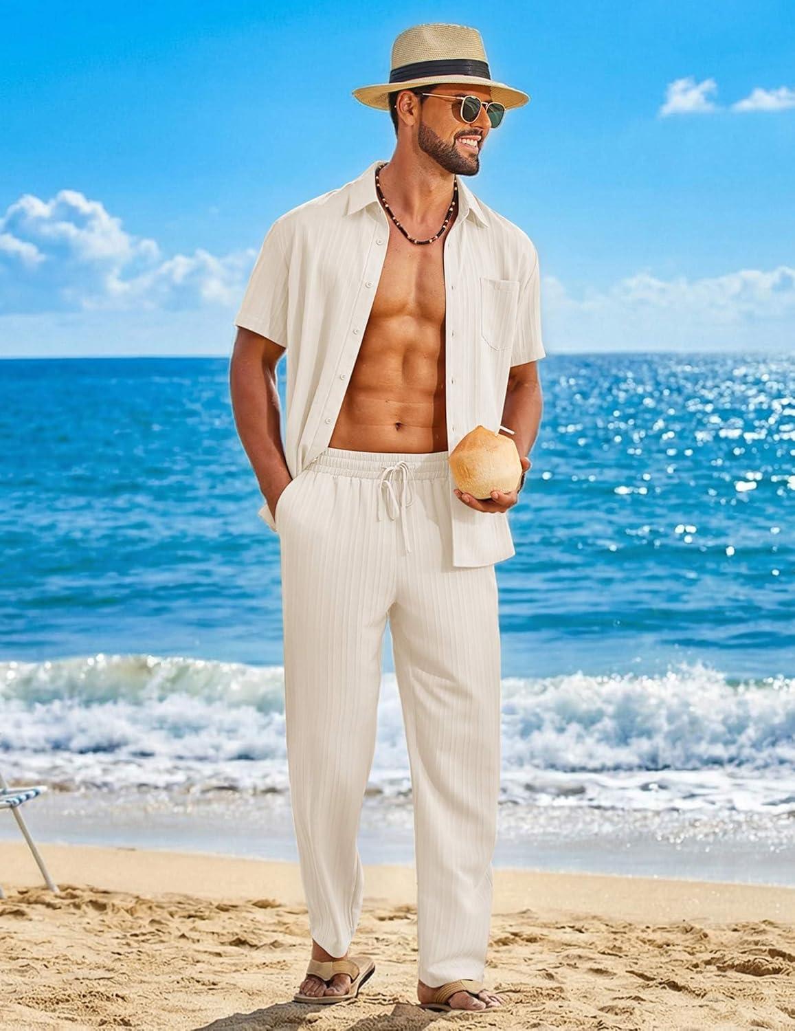 imageCOOFANDY Mens 2 Piece Sets Summer Outfits Short Sleeve Button Down Shirt Loose Pant Sets Beach Vacation OutfitsBeige