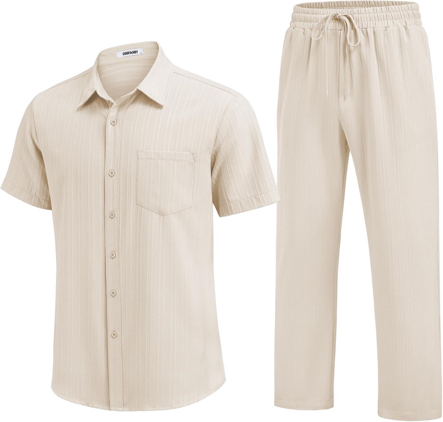 imageCOOFANDY Mens 2 Piece Sets Summer Outfits Short Sleeve Button Down Shirt Loose Pant Sets Beach Vacation OutfitsBeige