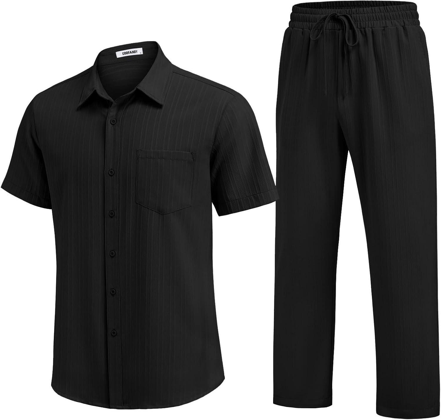 imageCOOFANDY Mens 2 Piece Sets Summer Outfits Short Sleeve Button Down Shirt Loose Pant Sets Beach Vacation OutfitsBlack