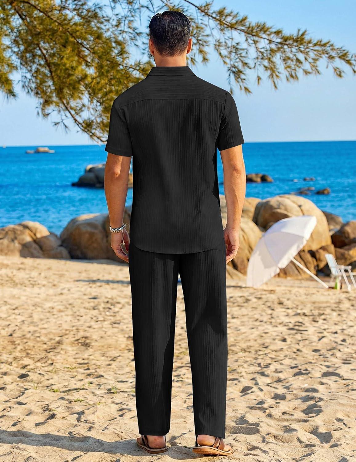 imageCOOFANDY Mens 2 Piece Sets Summer Outfits Short Sleeve Button Down Shirt Loose Pant Sets Beach Vacation OutfitsBlack