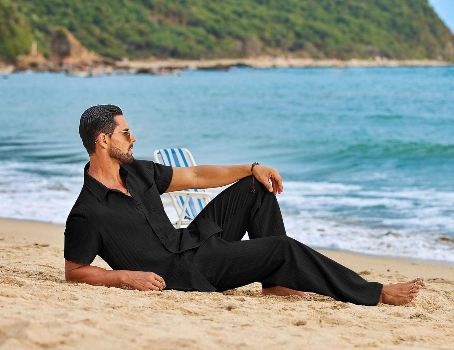 imageCOOFANDY Mens 2 Piece Sets Summer Outfits Short Sleeve Button Down Shirt Loose Pant Sets Beach Vacation OutfitsBlack